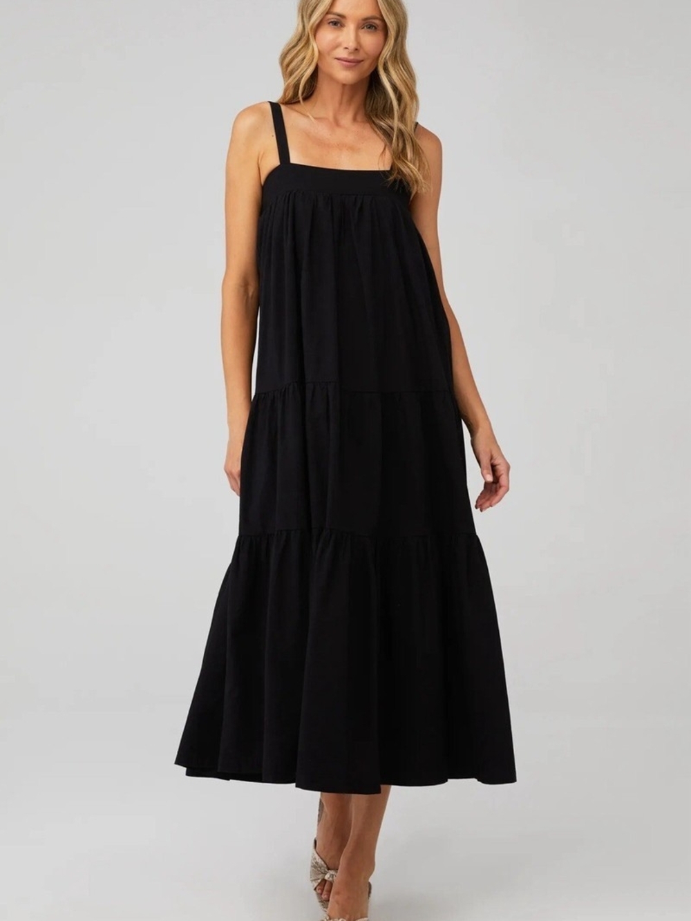 Araminta James Black Tiered Maxi Dress with Square Neck XS